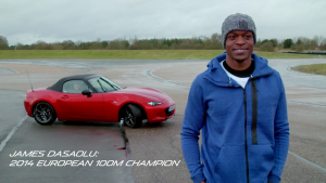 James Desaolu, European 100m sprint champion, learns to drift on a track with the all-new Mazda MX-5